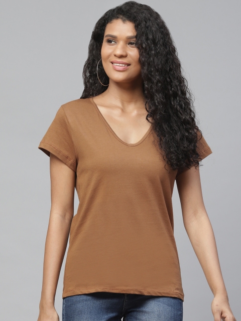 

I AM FOR YOU Women Brown Solid V-Neck T-shirt