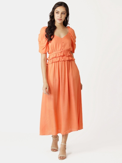 

DIVA WALK EXCLUSIVE Women Orange Solid Midi A-line Dress with Ruffle Detail