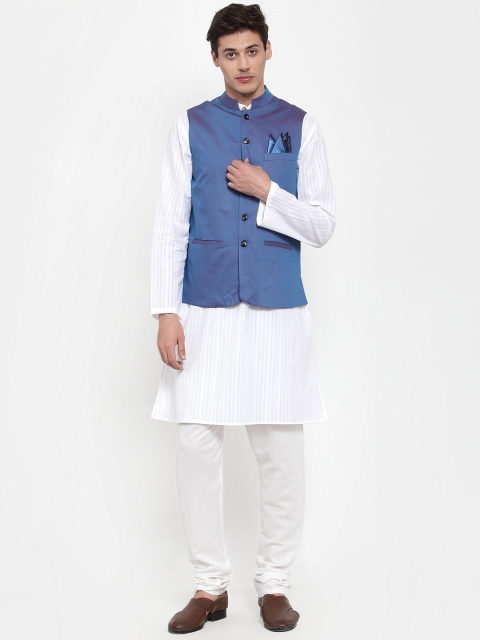 

NEUDIS Men White & Blue Self Striped Kurta and Churidar with Nehru Jacket