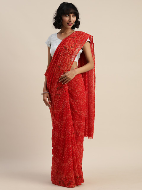 

Tikhi Imli Red Poly Georgette Printed With Foil Embellishment Bandhani Saree