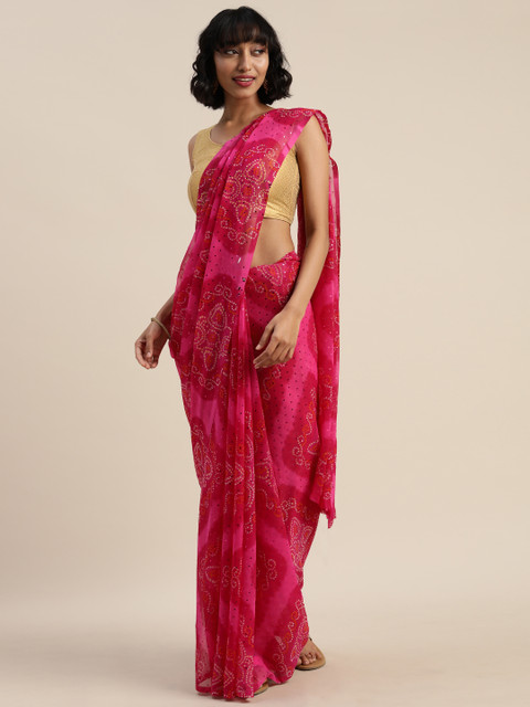 

Tikhi Imli Pink Poly Georgette Printed Bandhani Saree