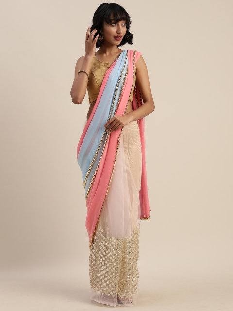 

Tikhi Imli Pink & Blue Poly Georgette Embellished Half and Half Saree