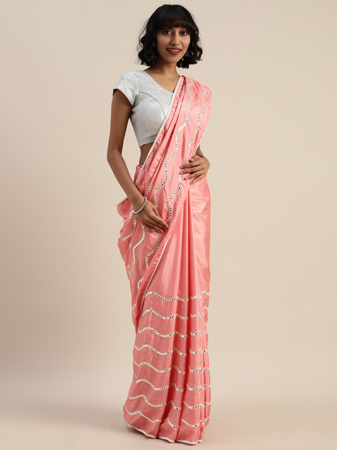

Tikhi Imli Pink Mirror Work Embroidered Poly Crepe Saree