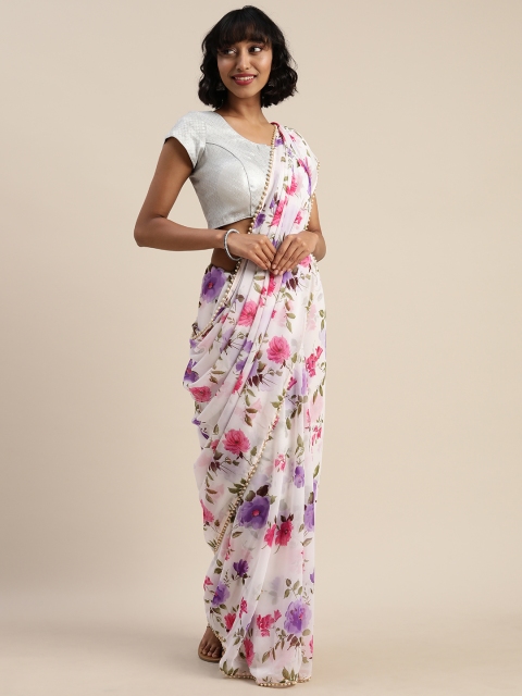 

Tikhi Imli White & Pink Poly Georgette Printed Saree