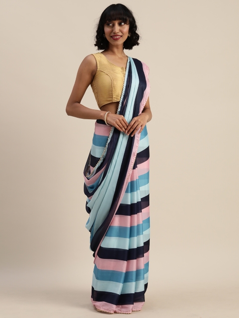 

Tikhi Imli Navy Blue & Pink Poly Crepe Striped Saree