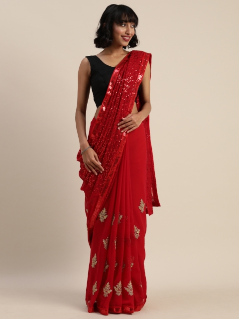 

Tikhi Imli Red Embroidered Poly Georgette Saree with Sequins