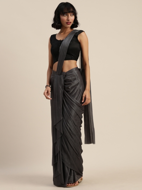 

Tikhi Imli Charcoal Grey Solid Poly Crepe Ready to Wear Pleated Saree