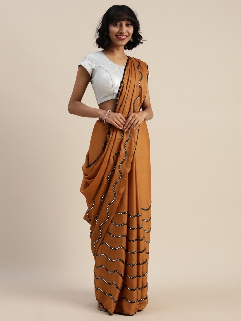 

Tikhi Imli Brown Mirror Work Embroidered Poly Crepe Saree