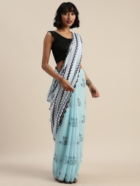 

Tikhi Imli Turquoise Blue & Black Poly Georgette Printed Half and Half Saree