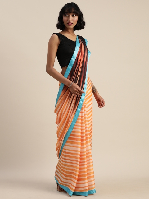 

Tikhi Imli Orange & Blue Poly Crepe Striped Saree