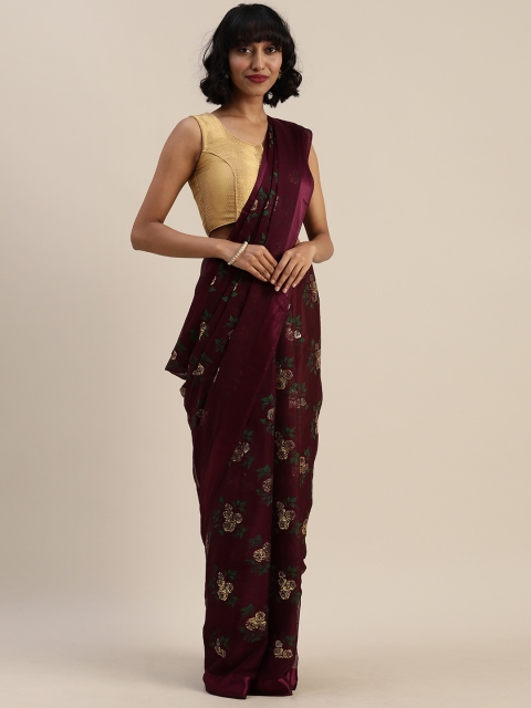 

Tikhi Imli Burgundy Floral Printed Satin Saree