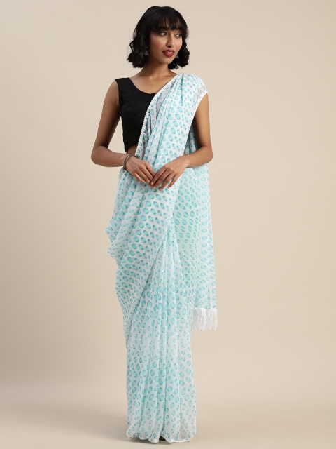 

Tikhi Imli White & Turquoise Blue Poly Georgette Printed Embellished Border Saree