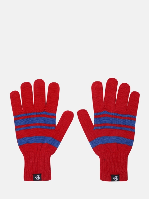 Women Red And Blue Striped Acrylic Gloves