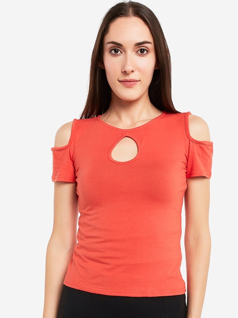 

Smarty Pants Women Orange Solid Cold-Shoulder Fitted Top