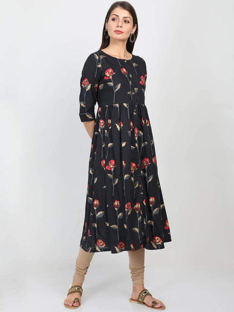 

Alena Women Black & Red Floral Printed A-Line Kurta