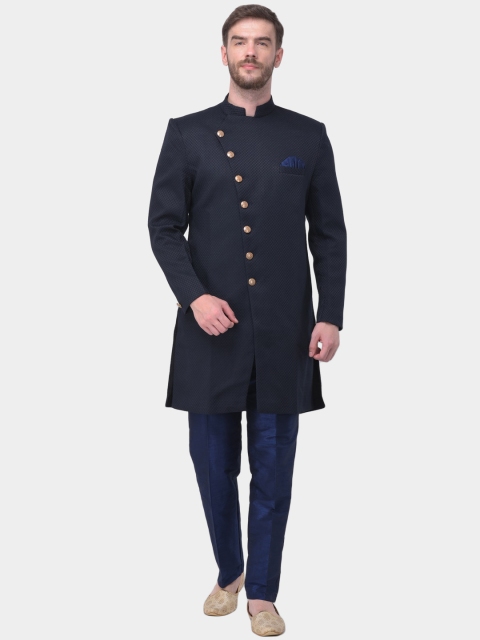 

SG RAJASAHAB Men Navy Blue Self-Design Raw Silk Sherwani