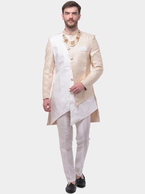 

SG RAJASAHAB Men Cream-Colour & White Woven-Design Raw Silk Sherwani