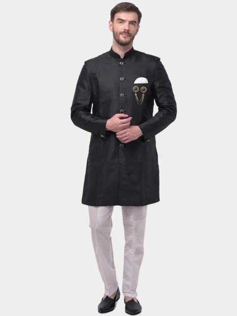 

SG RAJASAHAB Men Black & White Solid Raw Silk Sherwani
