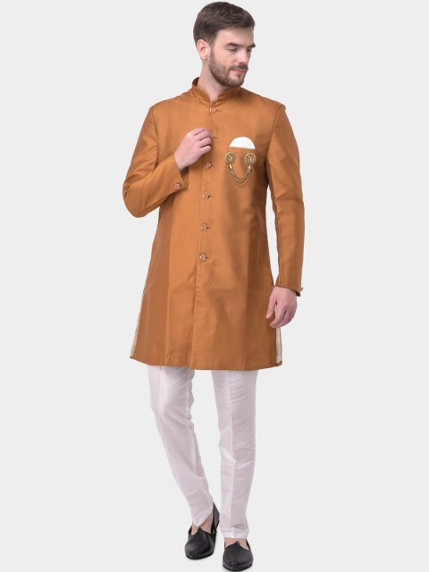 

SG RAJASAHAB Men Rust Brown & White Solid Raw Silk Sherwani