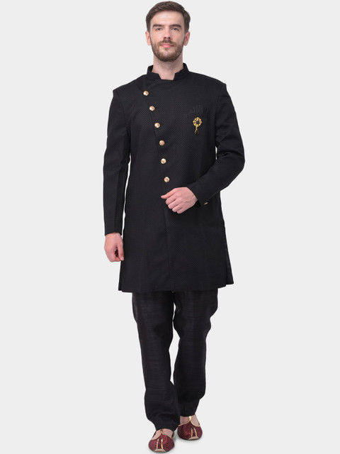 

SG RAJASAHAB Men Black Self-Design Raw Silk Sherwani