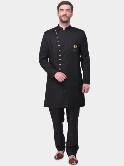 

SG RAJASAHAB Men Black Solid Raw Silk Sherwani