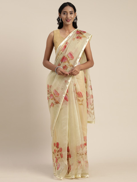 

KALINI Beige & Pink Organza Printed Saree