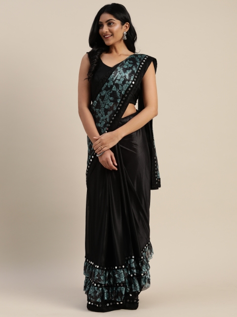 

KALINI Black & Teal Blue Silk Blend Printed Half & Half Celebrity Saree