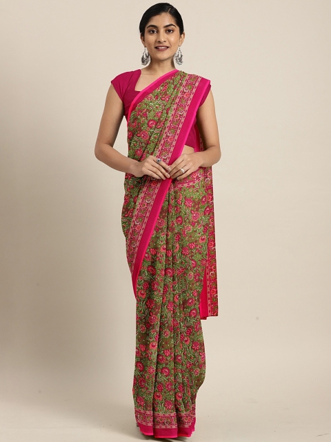 

KALINI Green & Pink Pure Chiffon Floral Printed Celebrity Saree