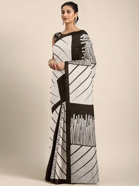 

KALINI Brown & Off-White Silk Blend Striped Saree