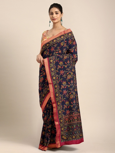 

KALINI Navy Blue & Orange Cotton Blend Printed Saree