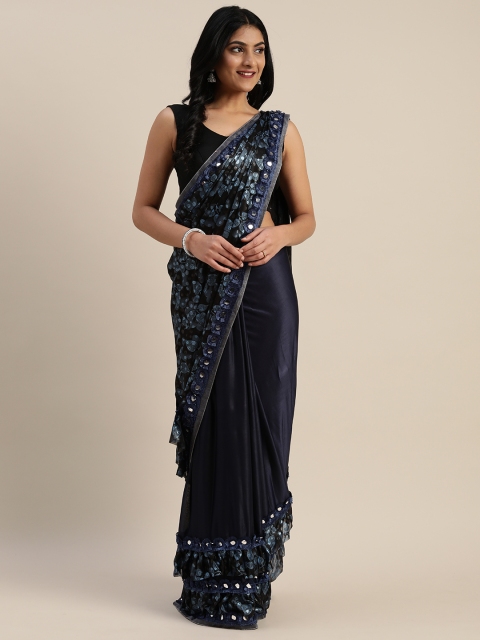 

KALINI Black & Navy Blue Silk Blend Printed Half & Half Celebrity Saree