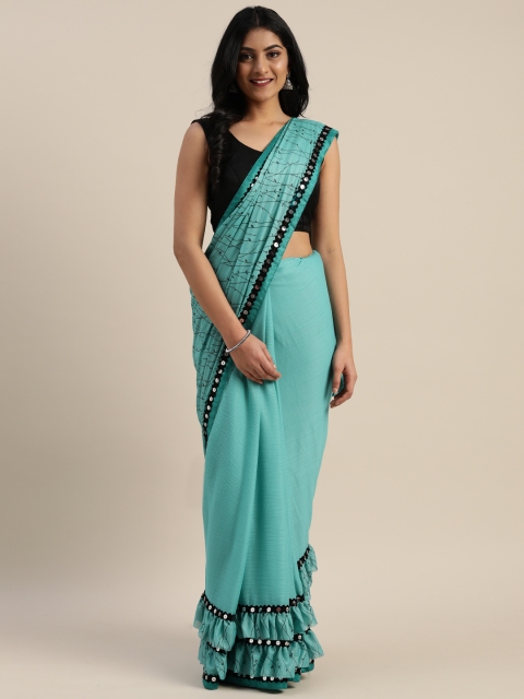 

KALINI Turquoise Blue & Black Silk Blend Printed Half & Half Celebrity Saree