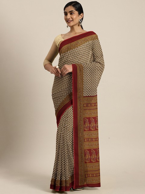 

KALINI Beige & Maroon Pure Chiffon Printed Celebrity Saree