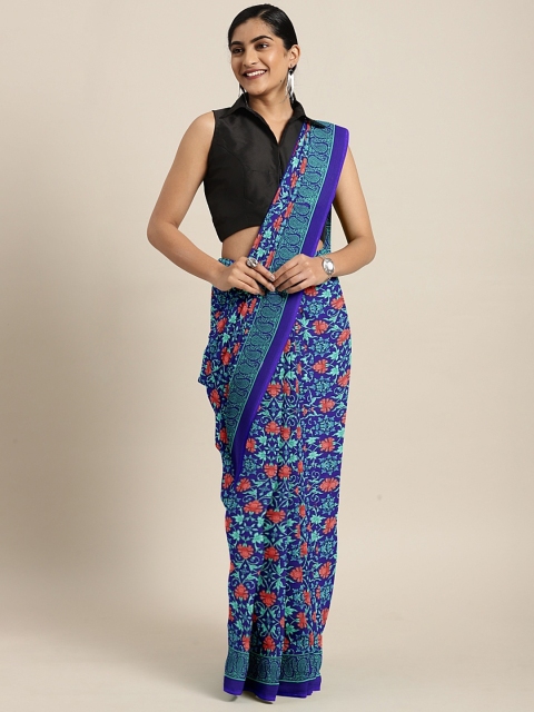 

KALINI Blue & Red Pure Chiffon Floral Printed Celebrity Saree