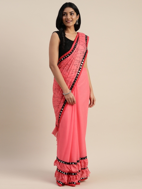 

KALINI Pink & Black Silk Blend Printed Half & Half Celebrity Saree
