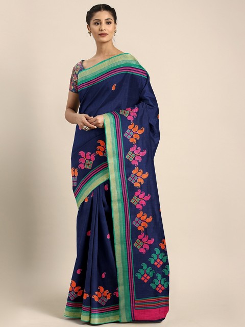 

KALINI Navy Blue & Green Silk Blend Paisley Printed Kota Saree