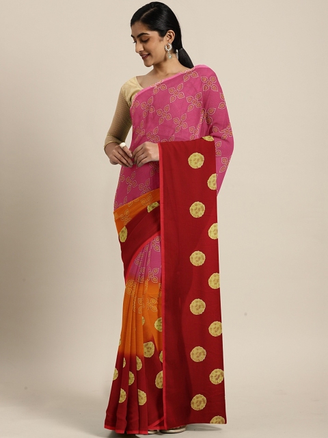 

KALINI Orange & Pink Pure Chiffon Printed Celebrity Saree