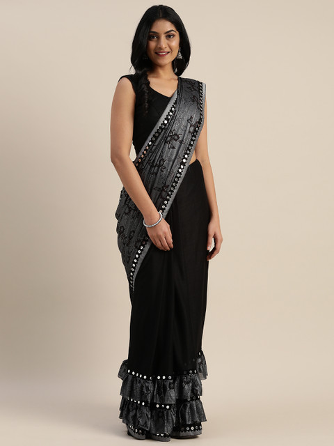 

KALINI Black & Grey Nylon Floral Printed Half & Half Celebrity Saree