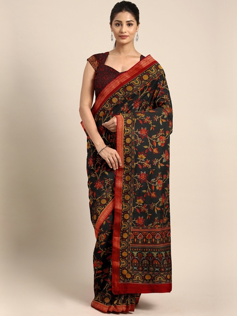 

KALINI Black & Orange Cotton Blend Floral Printed Saree
