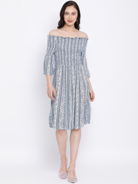 

Oxolloxo Women Blue & White Floral Print Smocked A-Line Dress