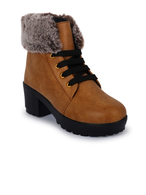 

ZAPATOZ Women Tan Brown Solid Mid-Top Heeled Boots