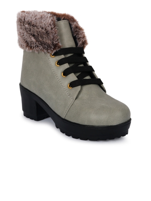 

ZAPATOZ Women Grey Solid Mid-Top Heeled Boots