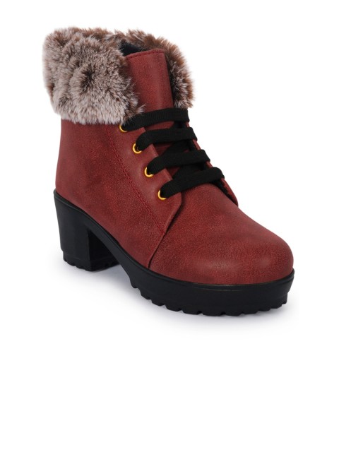 

ZAPATOZ Women Maroon Solid Mid-Top Heeled Boots