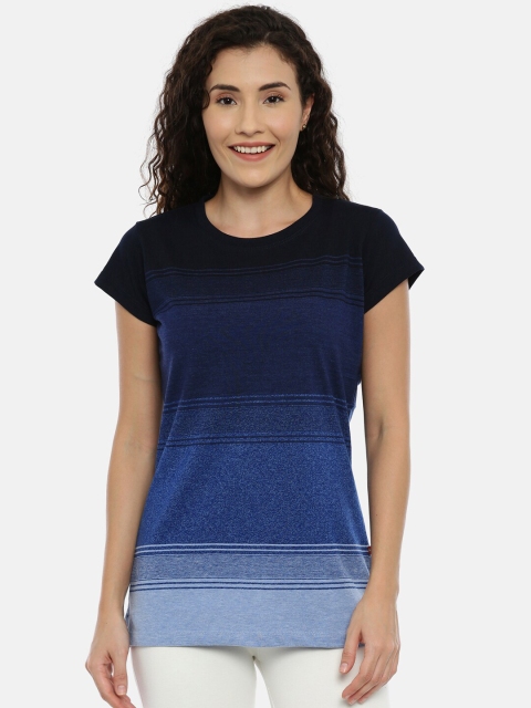 

GOLDSTROMS Women Blue Striped Round Neck T-shirt