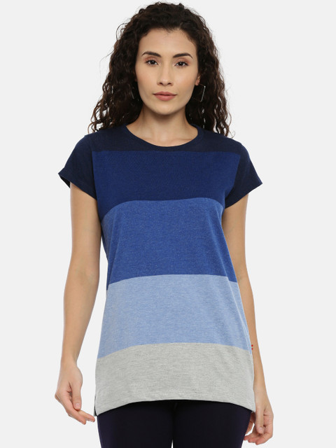 

GOLDSTROMS Women Blue & Grey Melange Colourblocked Round Neck T-shirt
