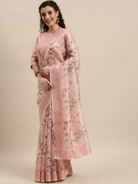 

Kvsfab Pink Weaving Digital Printed Cotton Blend Saree