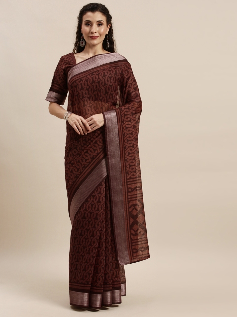 

Kvsfab Brown Printed Cotton Blend Saree