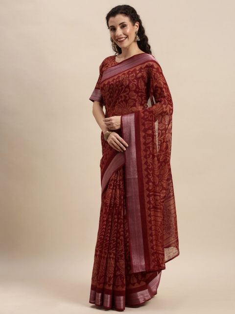 

Kvsfab Maroon & Yellow Cotton Blend Printed Saree