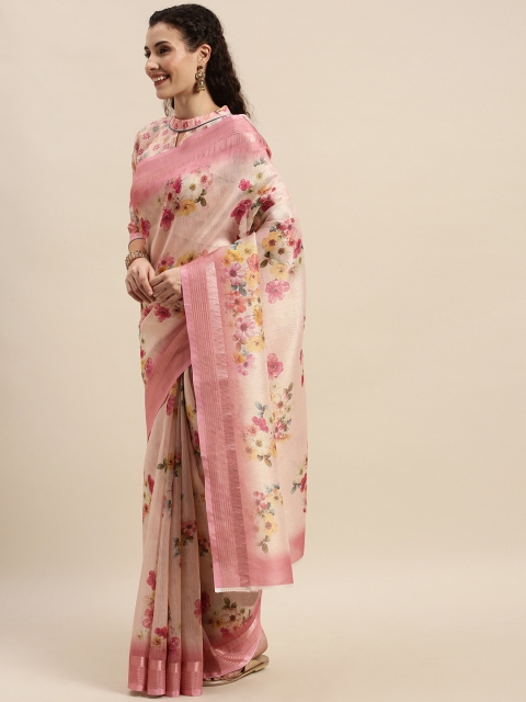 

Kvsfab Pink Weaving Digital Printed Cotton Blend Saree