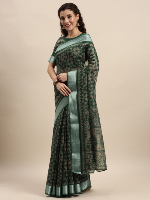 

Kvsfab Green & Beige Cotton Blend Printed Saree